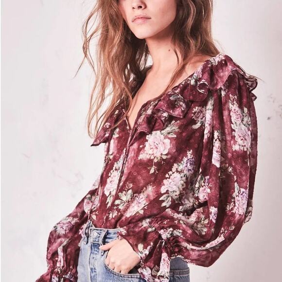 LOVESHACKFANCY Merryl Top Ruffle Blouse Romantic Saddle Red {UU24} - Picture 2 of 5